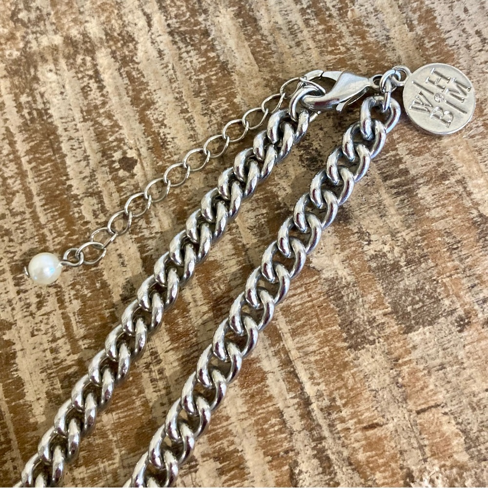 White House Black Market Silver Tone Faux Pearl Rhinestone Tassel Necklace - Picture 6 of 16